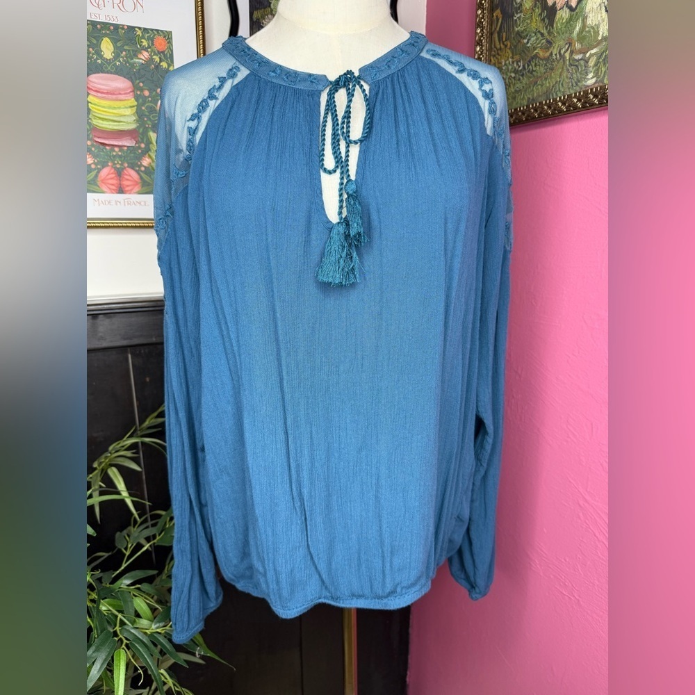SHYANNE Boho Mesh Long Sleeve Blouse Top Teal Sz M